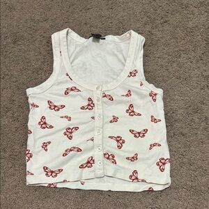 White Tank Top with Red Butterfly Print